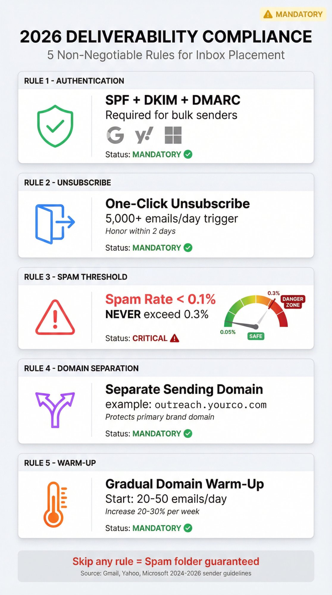 2026 email deliverability compliance checklist showing 5 mandatory rules: authentication, unsubscribe, spam rate, domain separation, and warm-up protocols