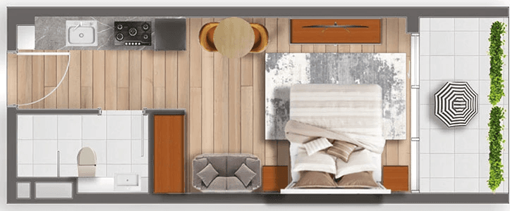 Floor plan of the studio unit at Samana Santorini's Marina Suites, showcasing layout and room dimensions.