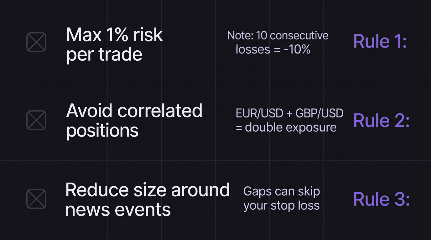 Diagram showing three drawdown prevention rules with risk per trade, correlated positions, and news event avoidance