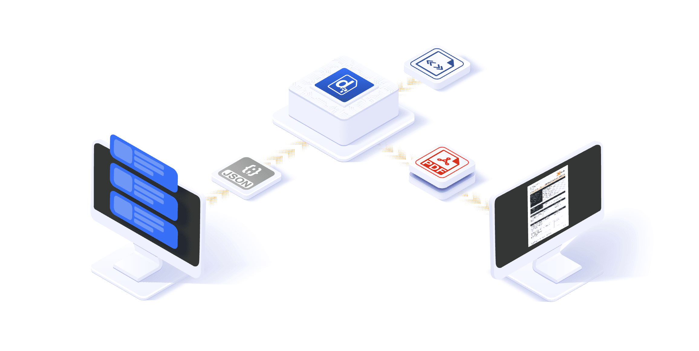 Isometric illustration depicting a workflow where structured data (JSON) and template elements flow into an engine, generating a final PDF preview displayed on a monitor.