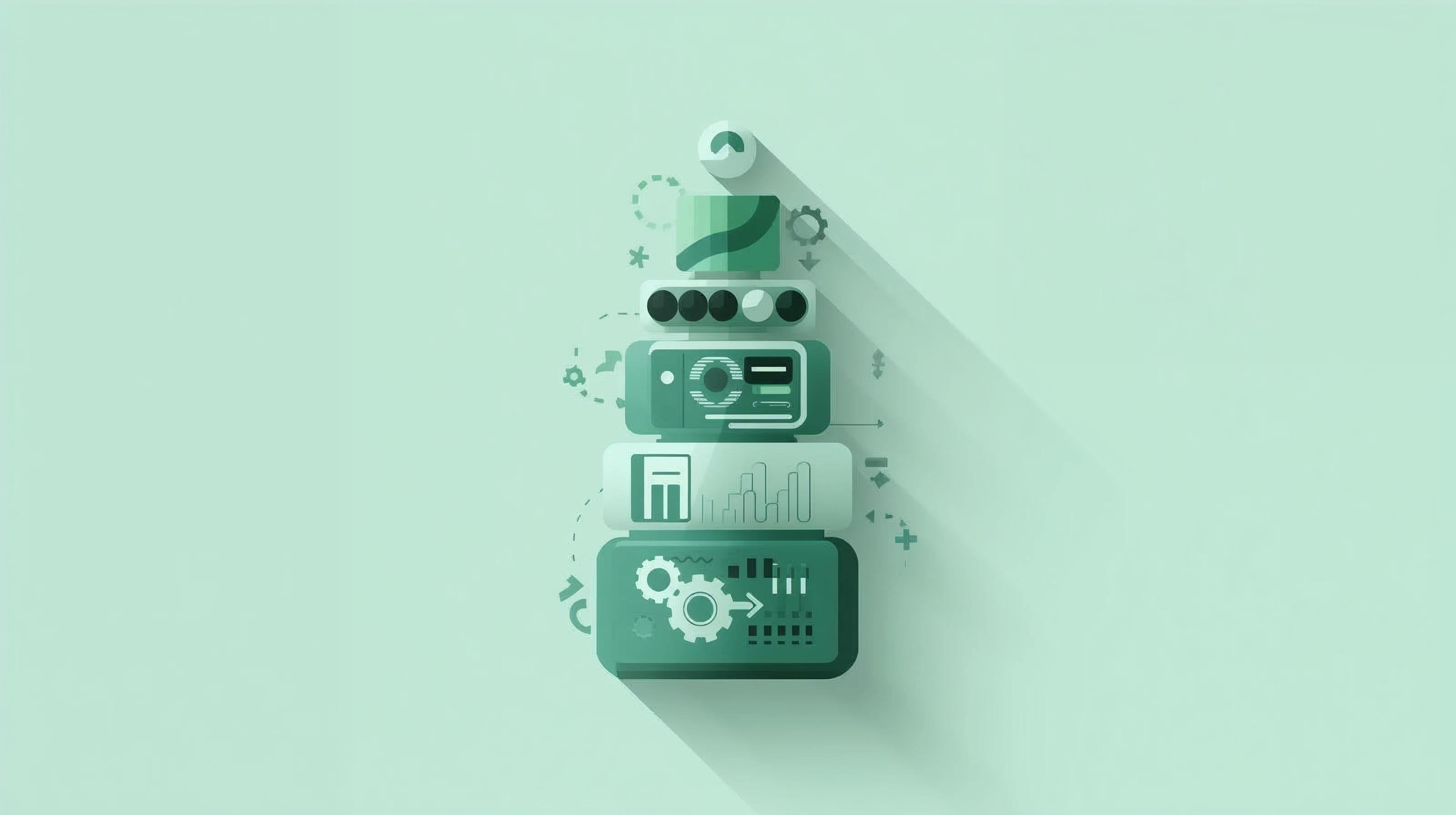 Minimalistic illustration in Sumledger colors showing a stacked, layered reporting system represented by geometric blocks, charts and gears, symbolizing a scalable and automated reporting stack for growing groups.
