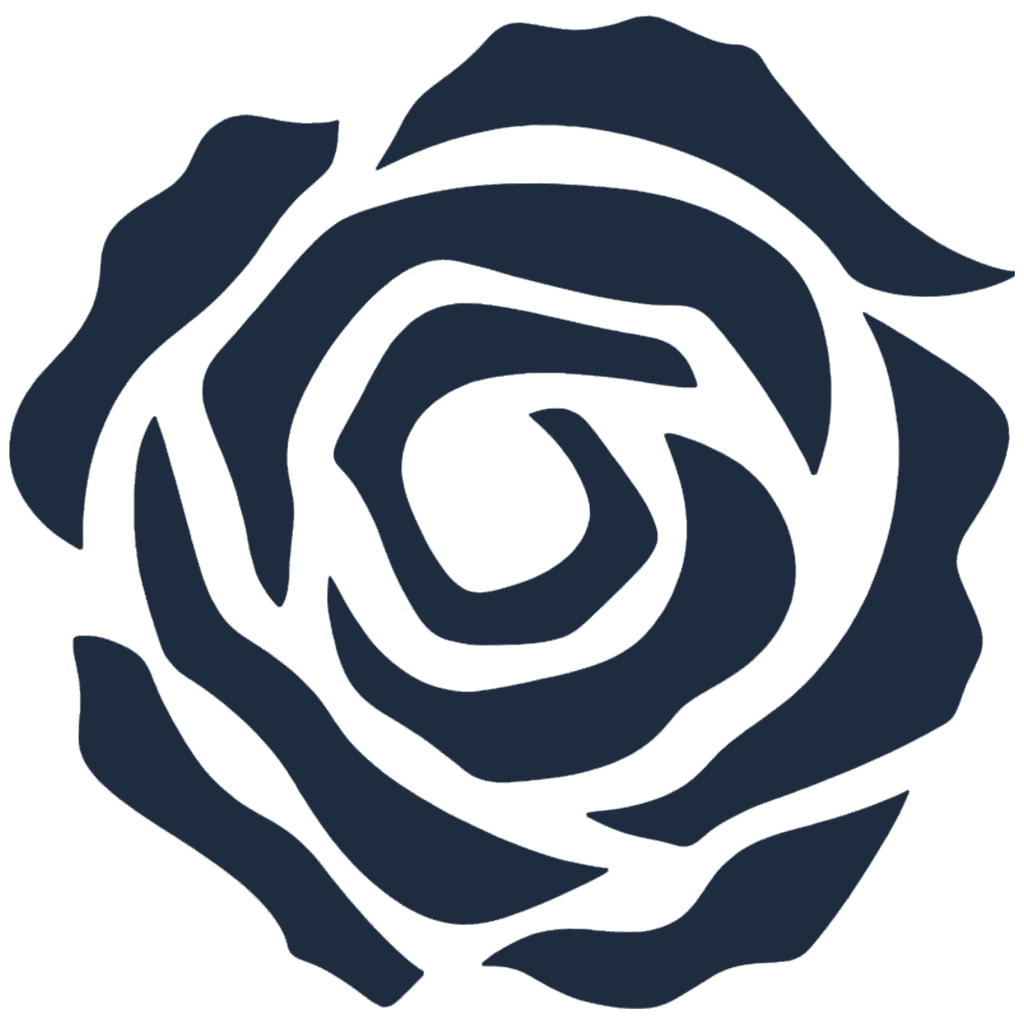 A simple, stylized illustration of a dark rose flower with layered petals.
