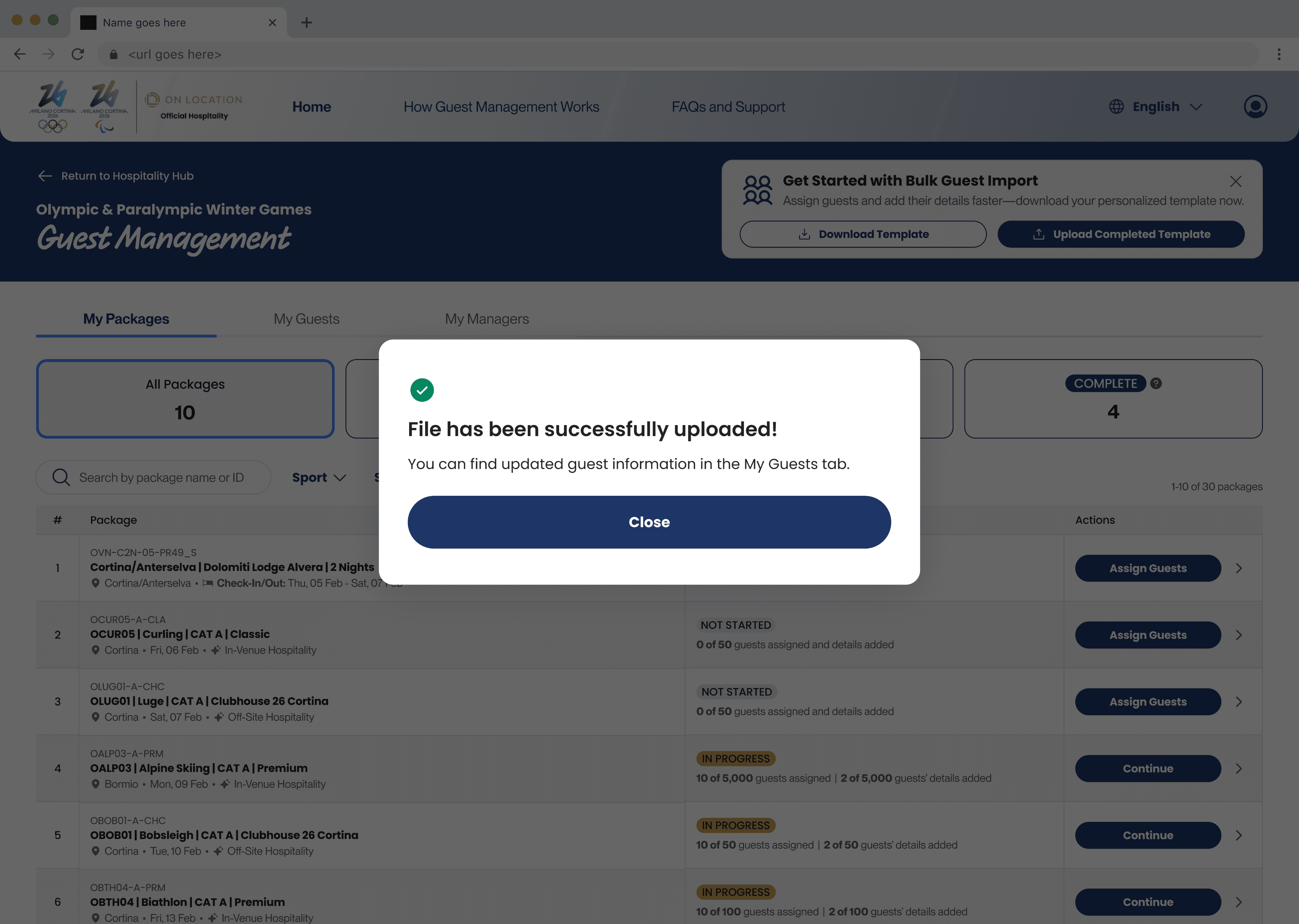 Upload template success dialog