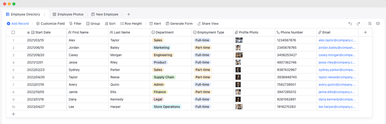 An example of the fields that an employee directory template should include; fields include first name, last name, start date, department, employment type, profile photo, phone number, and email.