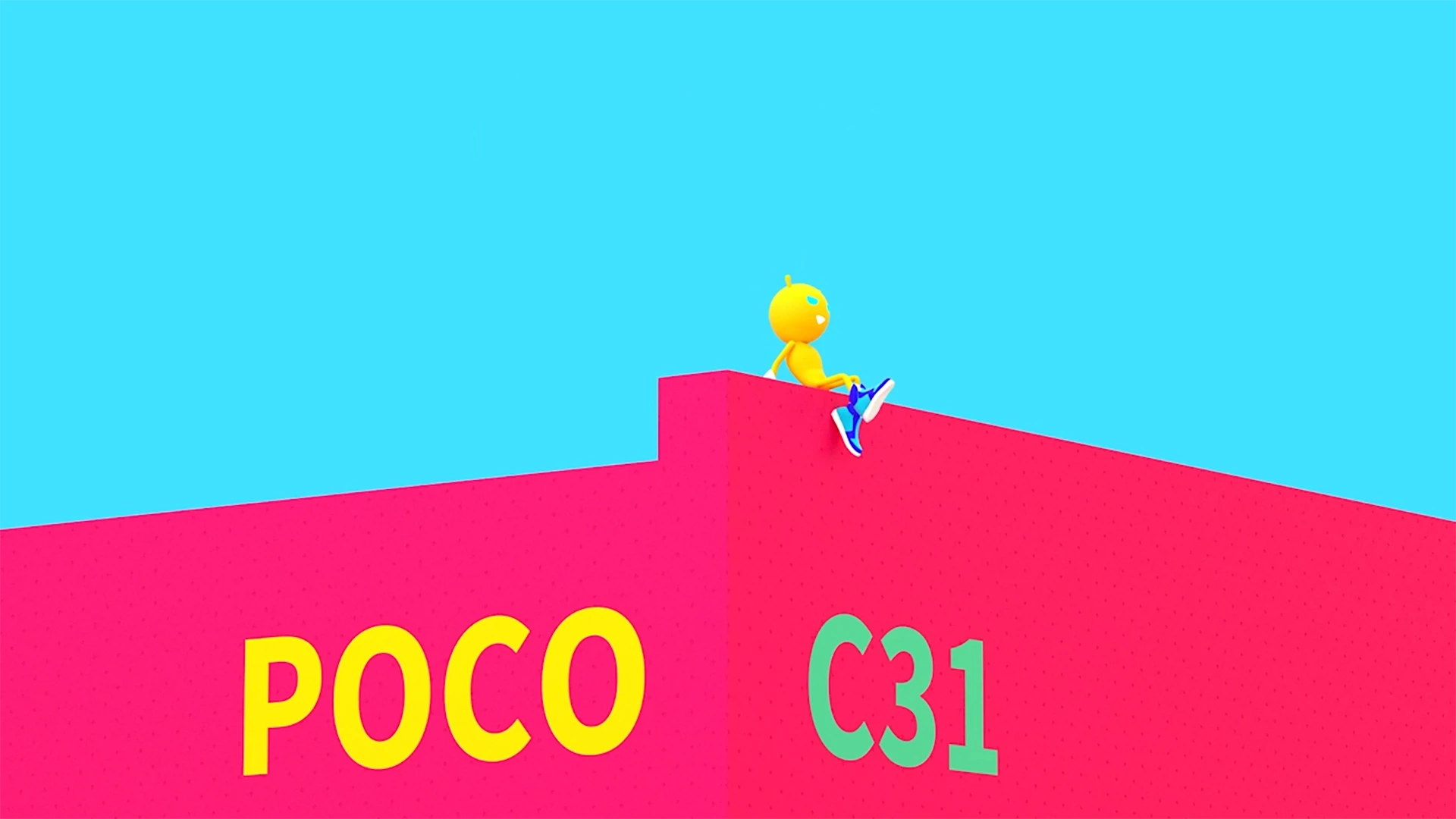 Angled 3D view showcasing POCO C31 mascot and video theme
