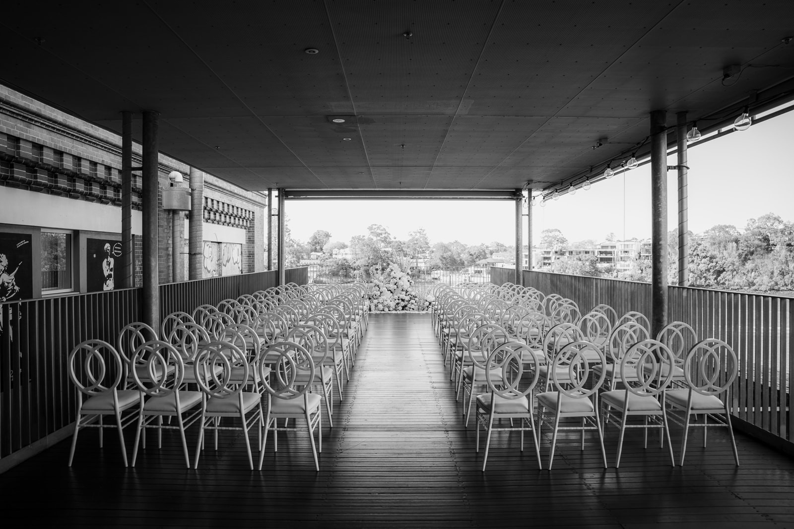 Black & White Ceremony image on the Rooftop Terrace at the Brisbane Powerhouse
