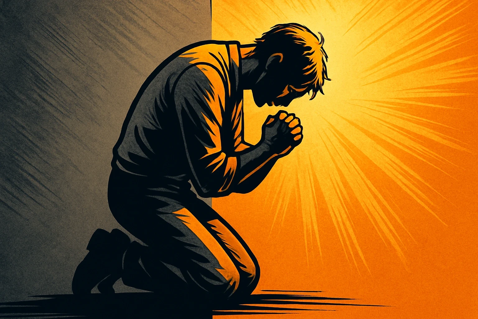 Comic-book style illustration of a person kneeling in prayer, centered in the frame. The left half of the image is shaded in grayscale, representing sorrow or repentance, while the right half glows with warm orange and gold tones, symbolizing forgiveness, transformation, and spiritual awakening. Bold black outlines and radiant light emphasize the hopeful tone. The background is clean and minimalist, with space for headline overlays.