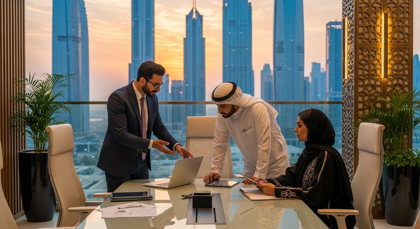 A meeting scene with four individuals, two men in traditional Saudi thobes and two women in hijabs, sitting at a conference table with open laptops. A fifth person, a man in a business suit, is standing and speaking to them. The image is used on a website for a No-Code Agency in Egypt.