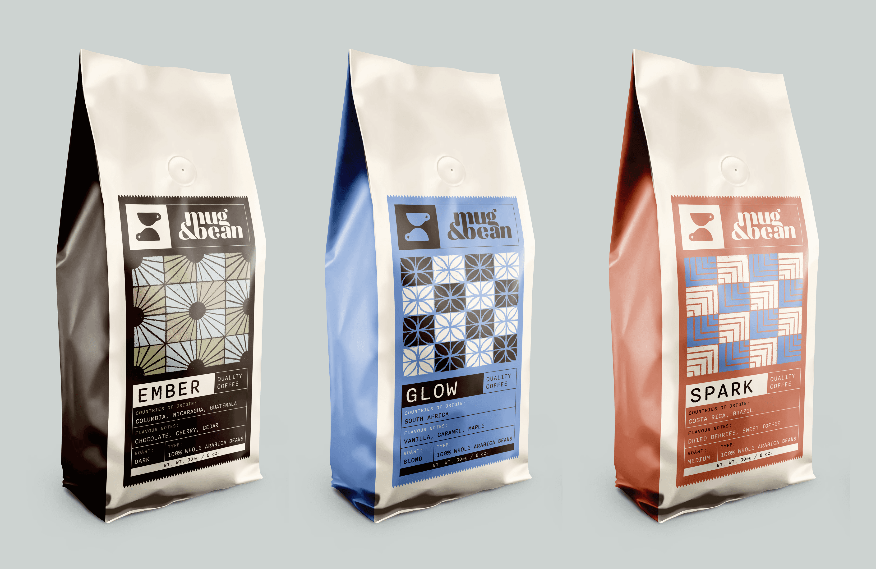 The final product of the Mug & Bean coffee bag labels, applied to mocked-up coffee bags. There are 3 bags lined in a row each with a different coloured label for three different types of coffee beans.