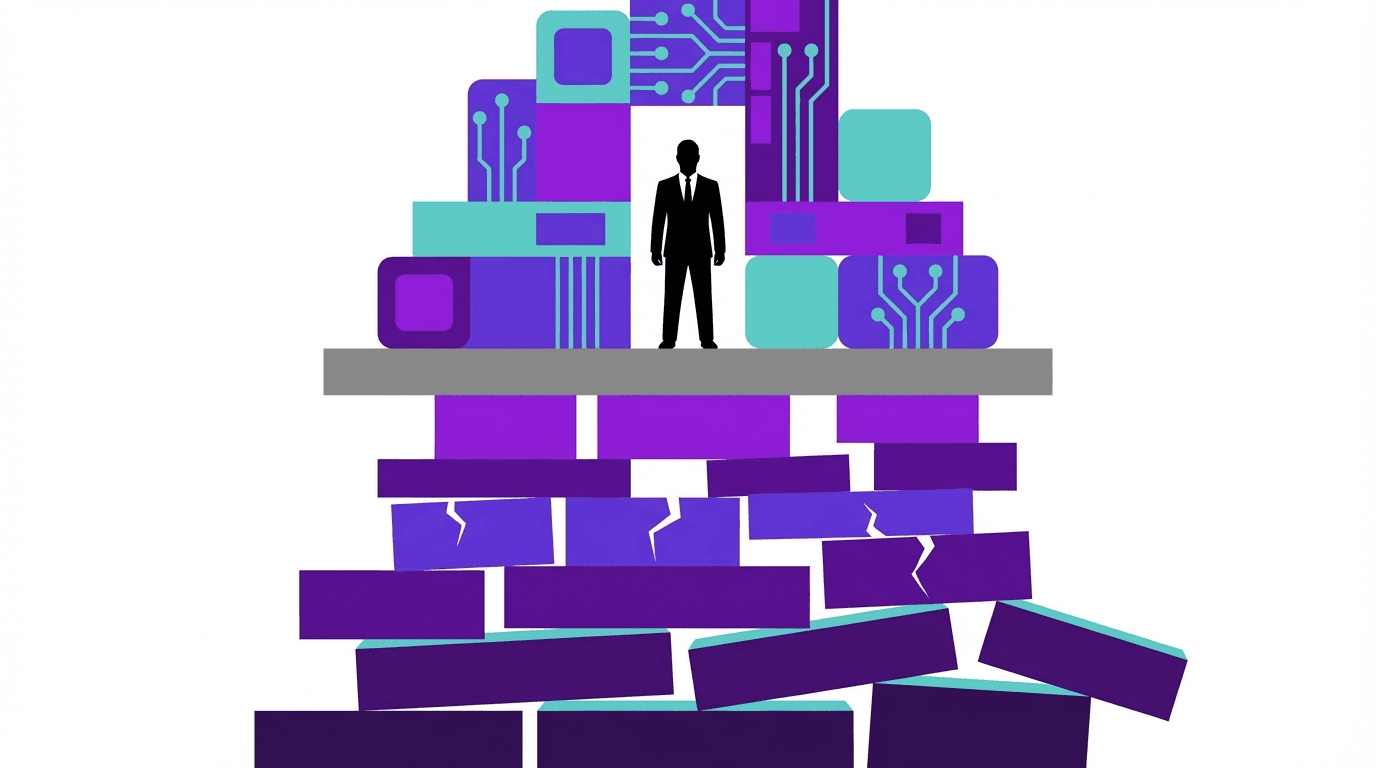 A stylized representation of a person standing on a platform amidst colorful blocks forming a pyramid-like structure.