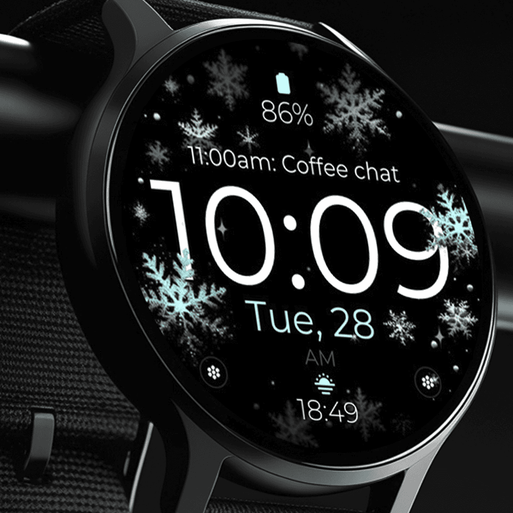 Modern Wear OS smartwatch displaying a snowflake digital watch face