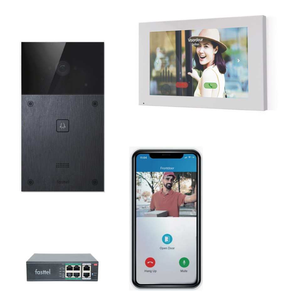 Black smart home device with screen showing time and temp