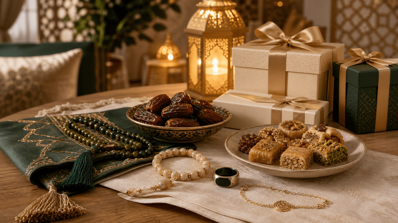 Eid gifts spread on a festive table — dates, baklava, a glowing lantern, wrapped gift boxes and faith jewellery with prayer beads