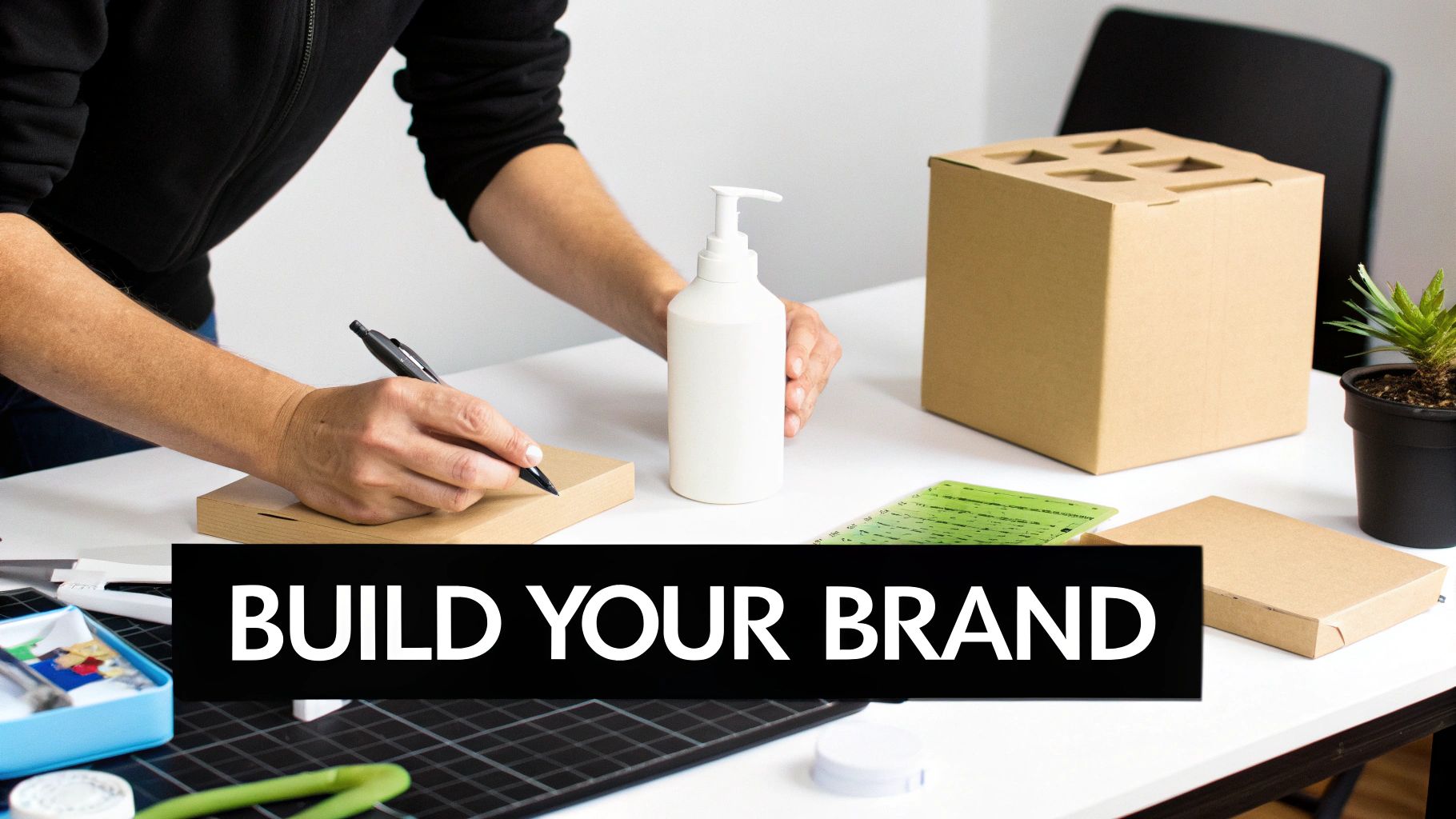 A person carefully placing a custom brand label on a high-quality product, symbolizing the private label process.