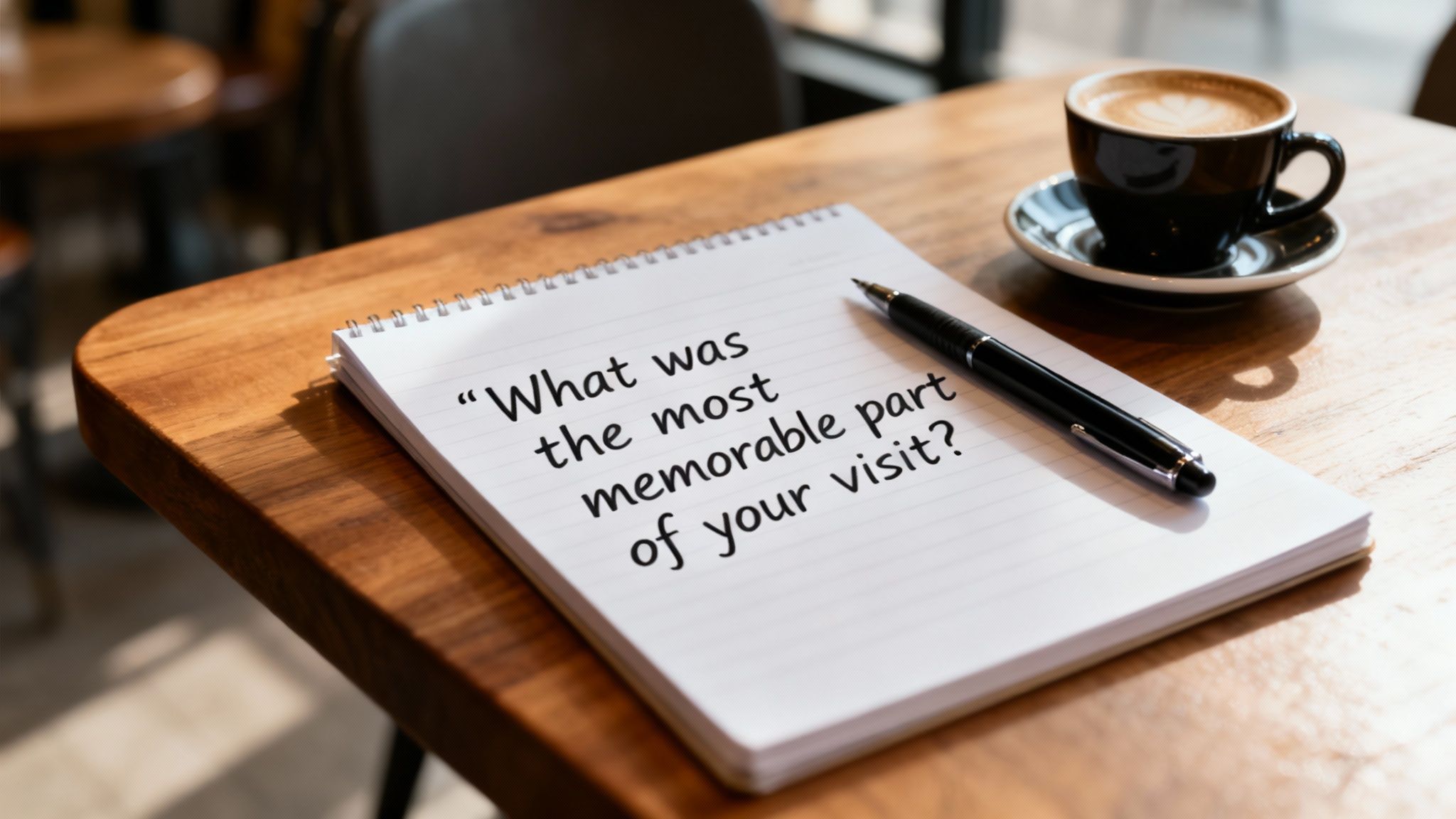 A notebook on a wooden table asks, 'What was the most memorable part of your visit?' next to a pen and coffee cup.