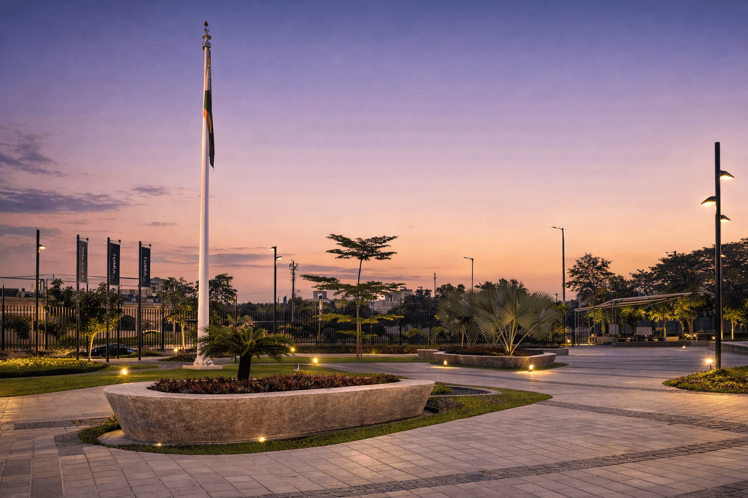 Stone paved landscape plaza using Egmore Black cobbles in commercial outdoor space Gurgaon