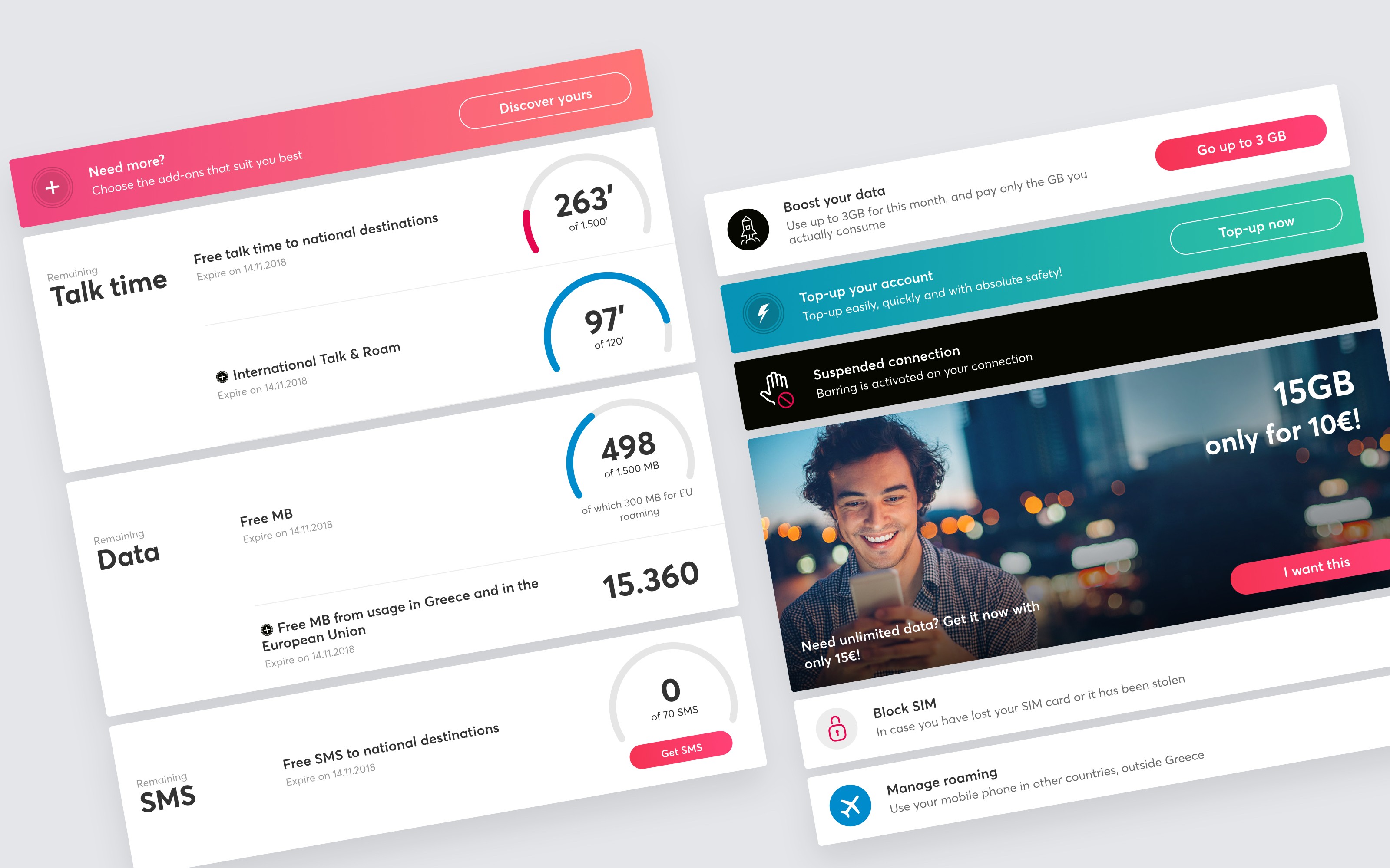 NOVA customer portal displaying balances, top-ups, add-on purchases, and roaming management