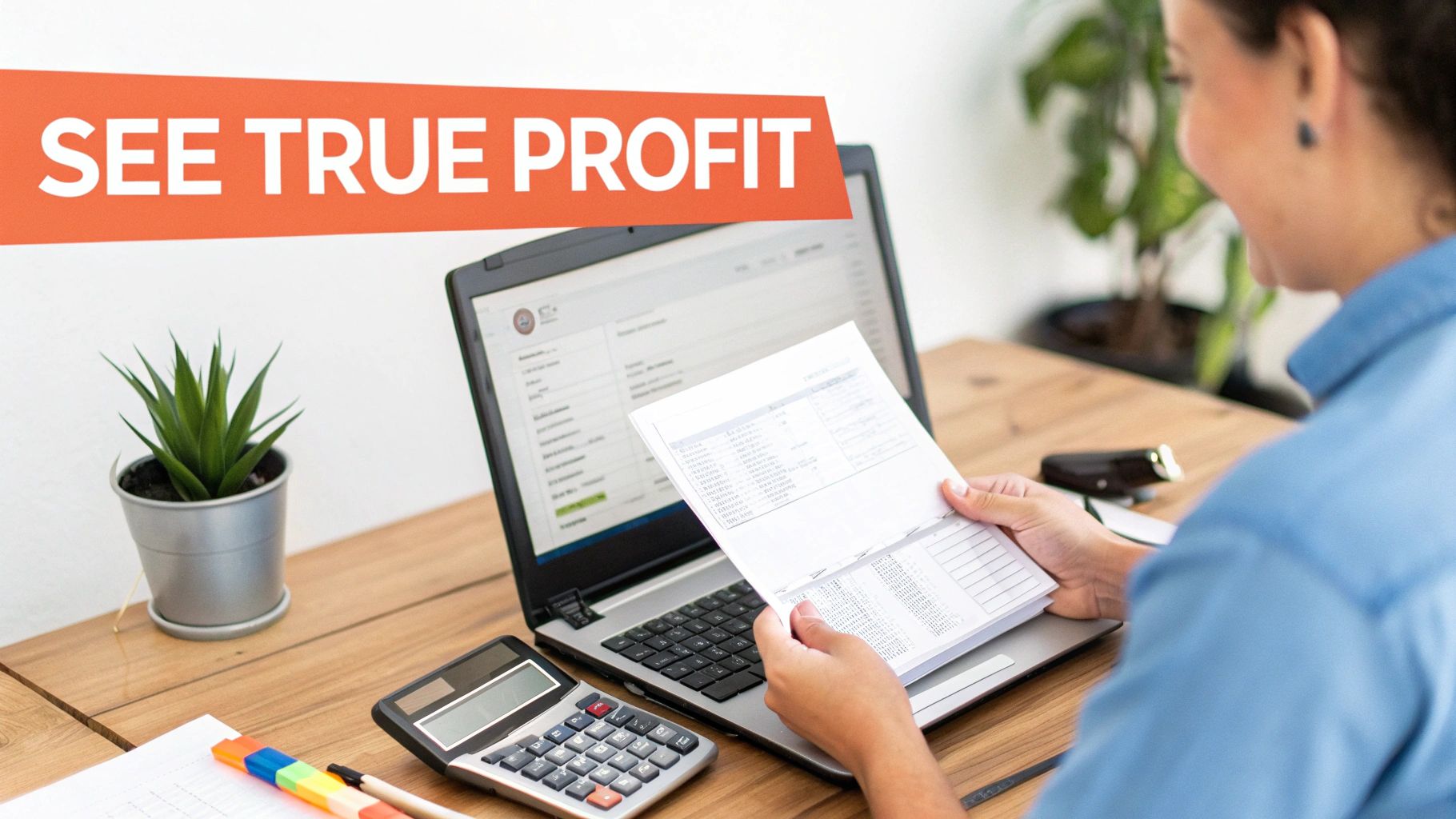 Person analyzing financial reports on a laptop with a calculator, text 'SEE TRUE PROFIT'.