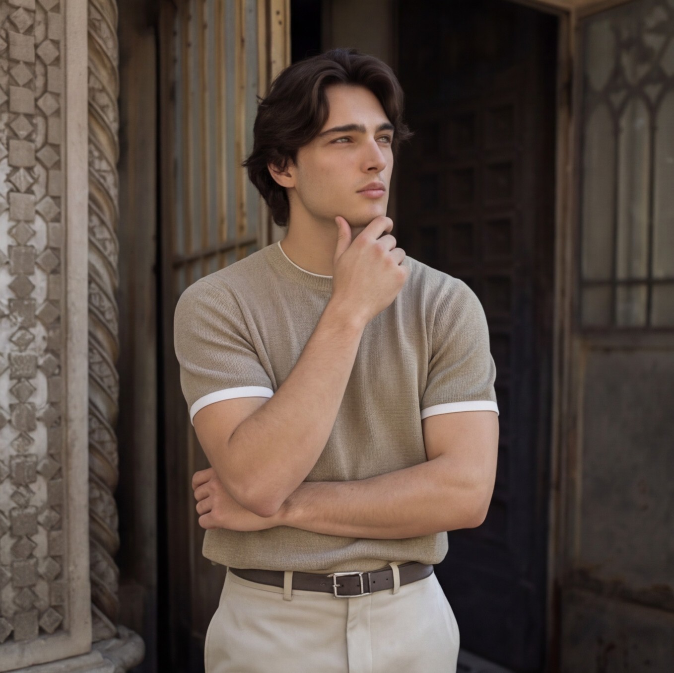 Sand Knit Tee with Cream Tailored Trousers