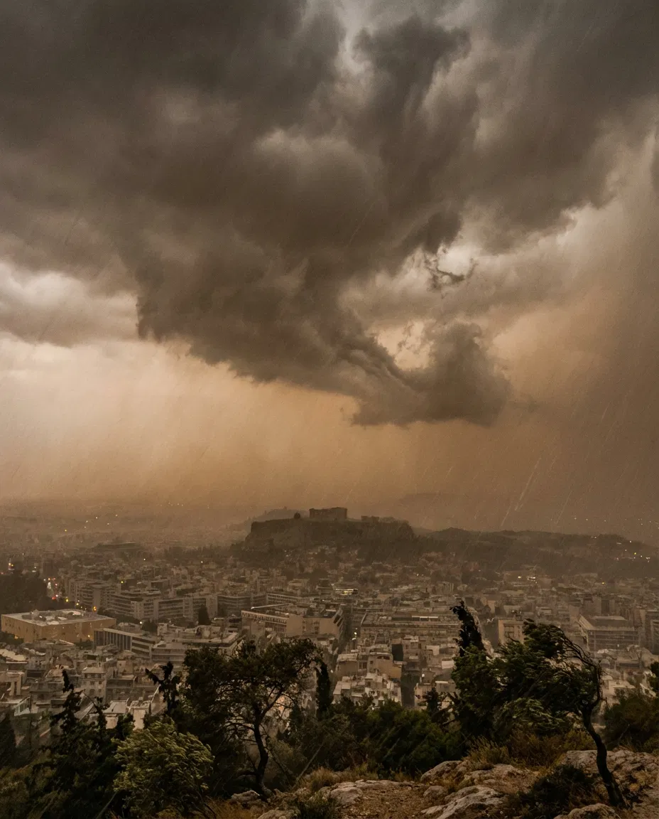 Stormy weather over Greece with dark clouds, rain, and African dust haze.