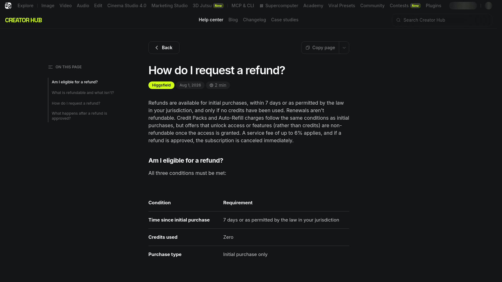 Higgsfield Creator Hub help center page explaining how to request a refund and eligibility criteria.