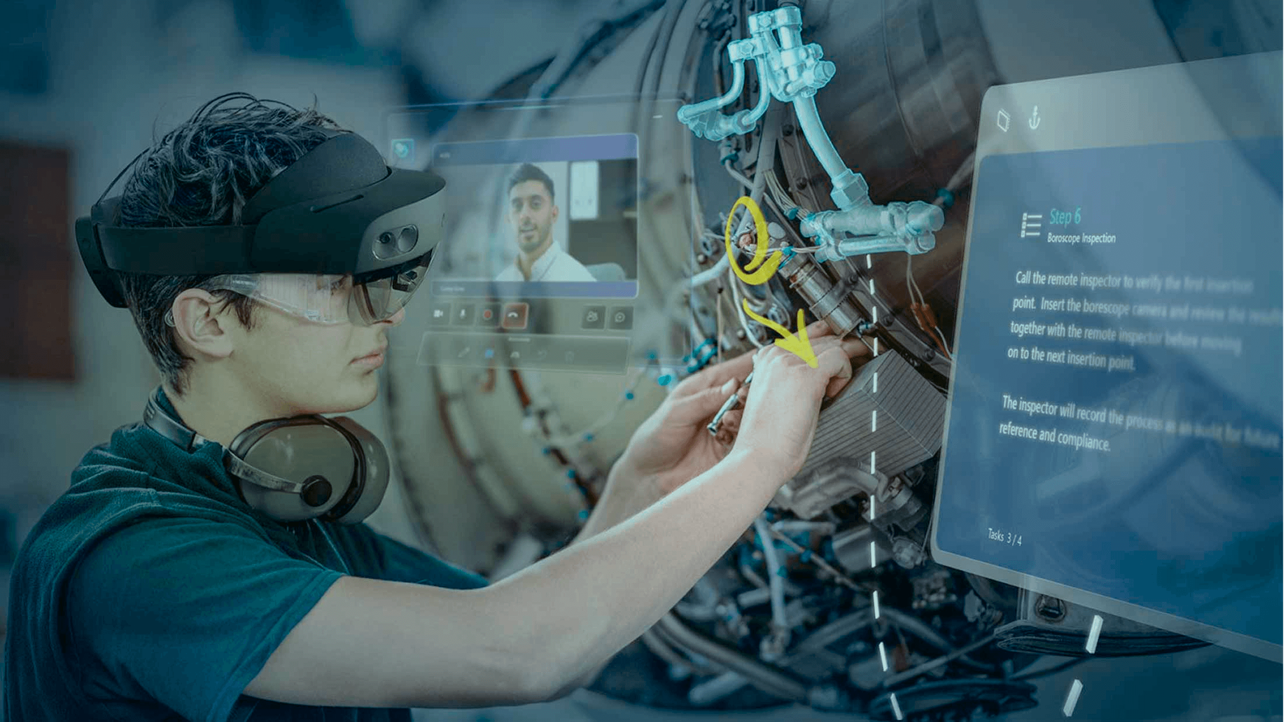 Technician repairing an aircraft engine while viewing a remote expert's video feed in a HoloLens interface.