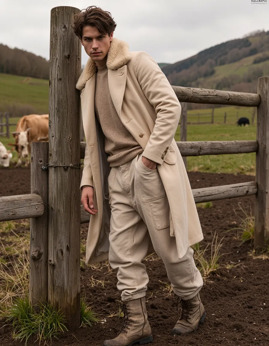 Man in beige winter coat and neutral outfit leaning against wooden fence in rural countryside setting