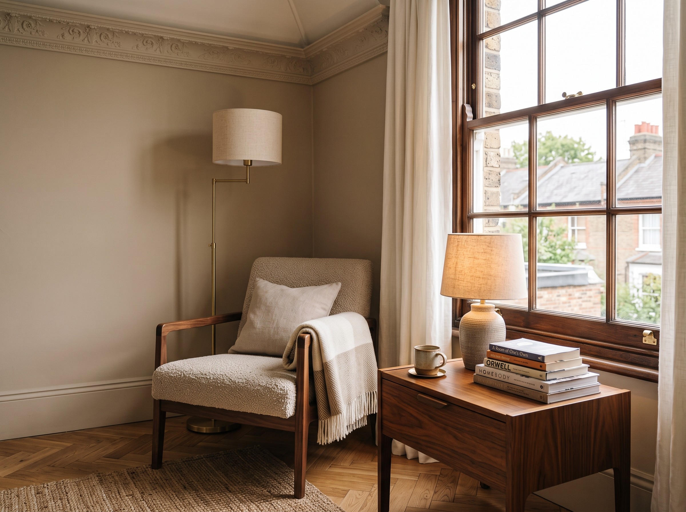 A reading corner in the Weston Loft boutique hotel suite, with a linen armchair beside a sash window.