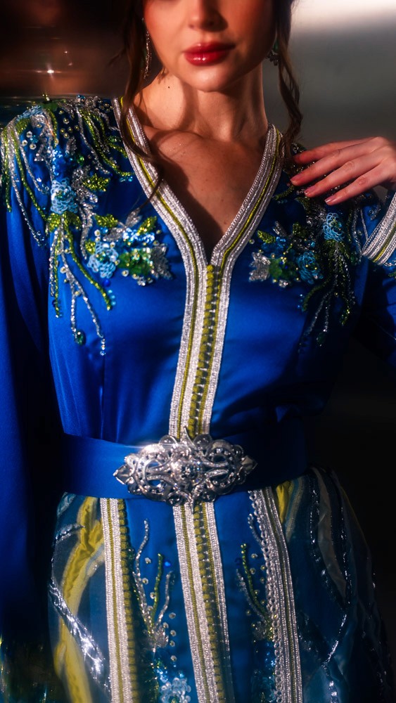Royal blue Moroccan caftan with detailed hand embroidery, luxury handcrafted piece for high-end events in Bahrain
