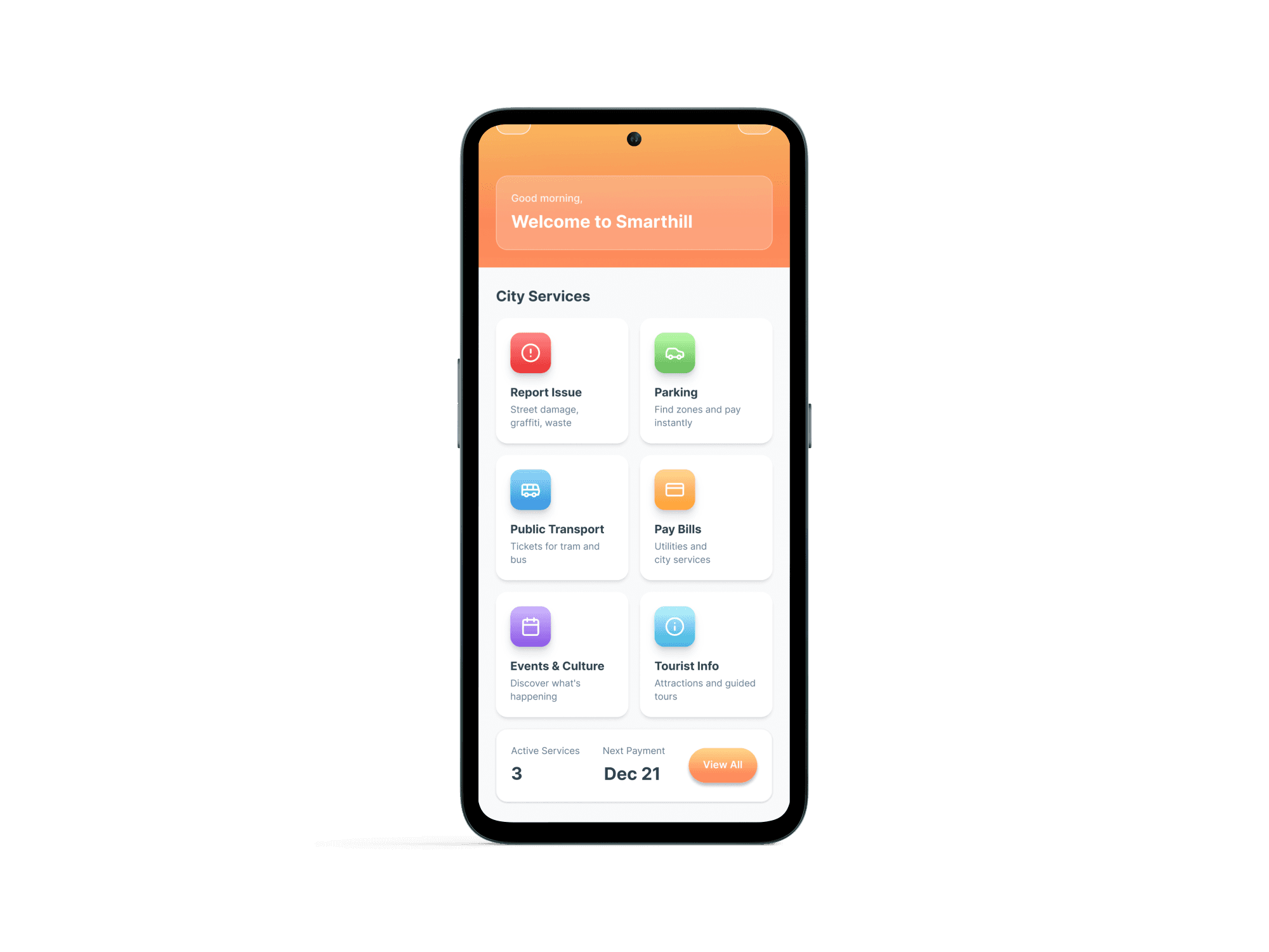 the GoSmarthill mobile app showing city services dashboard