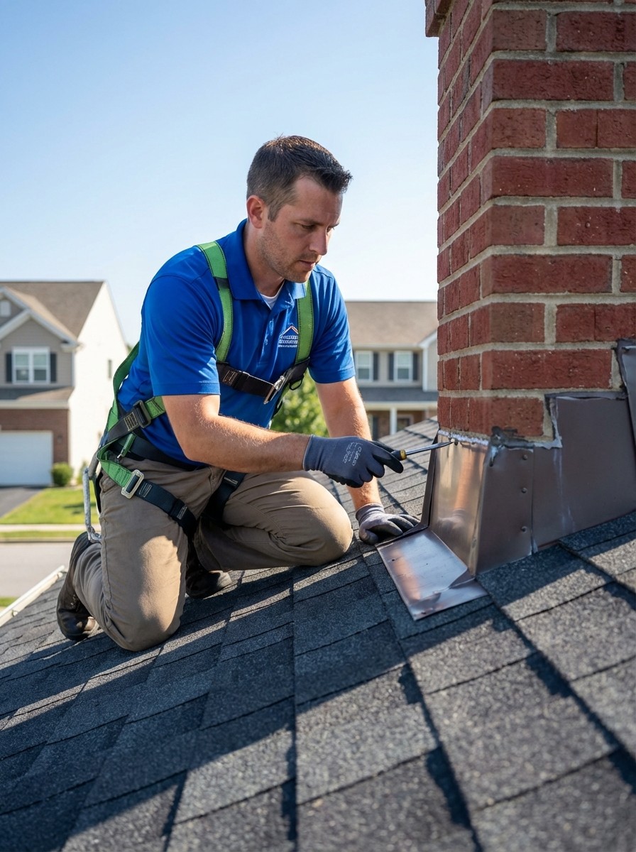 A worker in a blue shirt crouches on a roof, inspecting a chimney under clear skies.