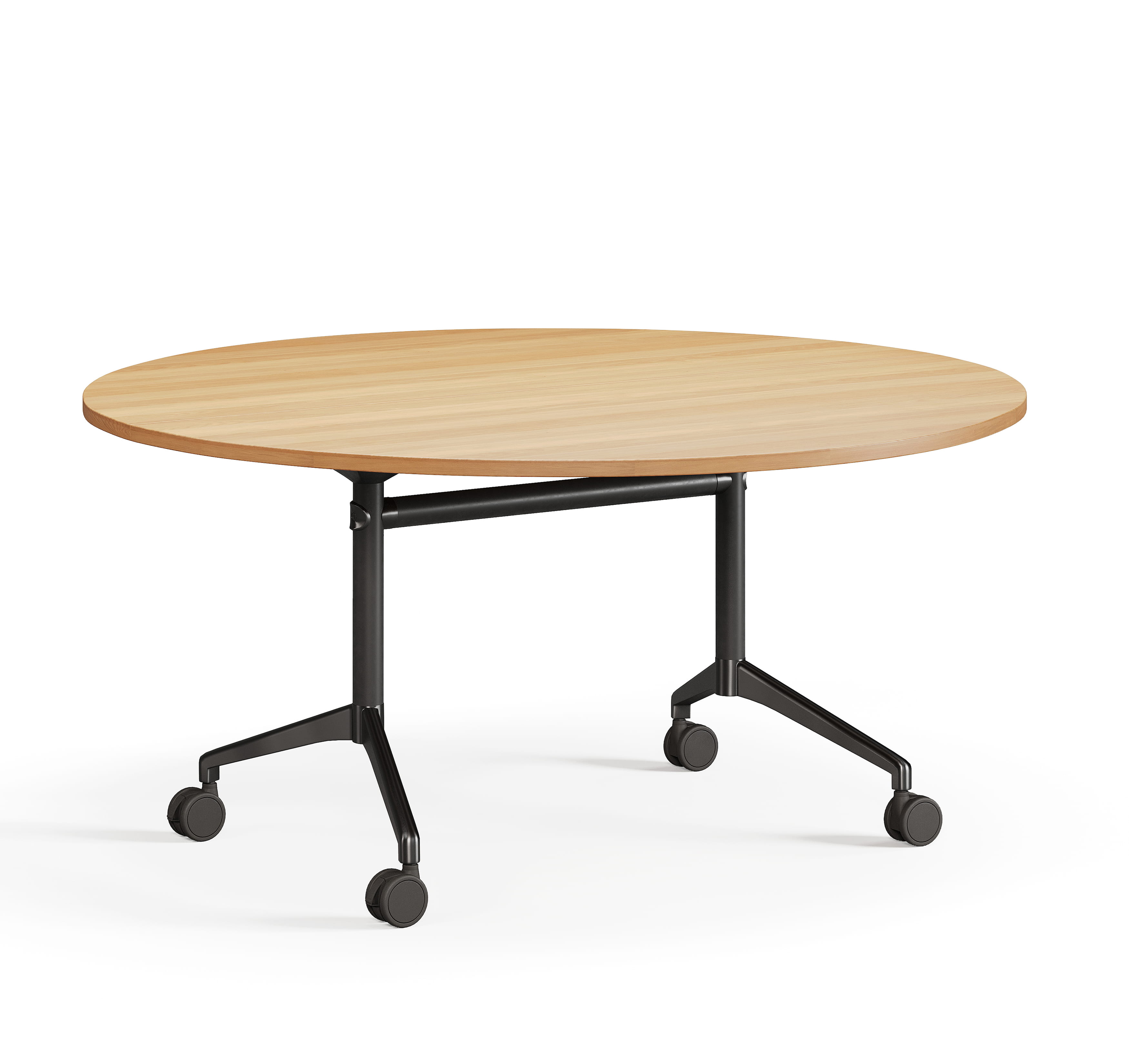 Round folding table with caster wheels and metal base in open position