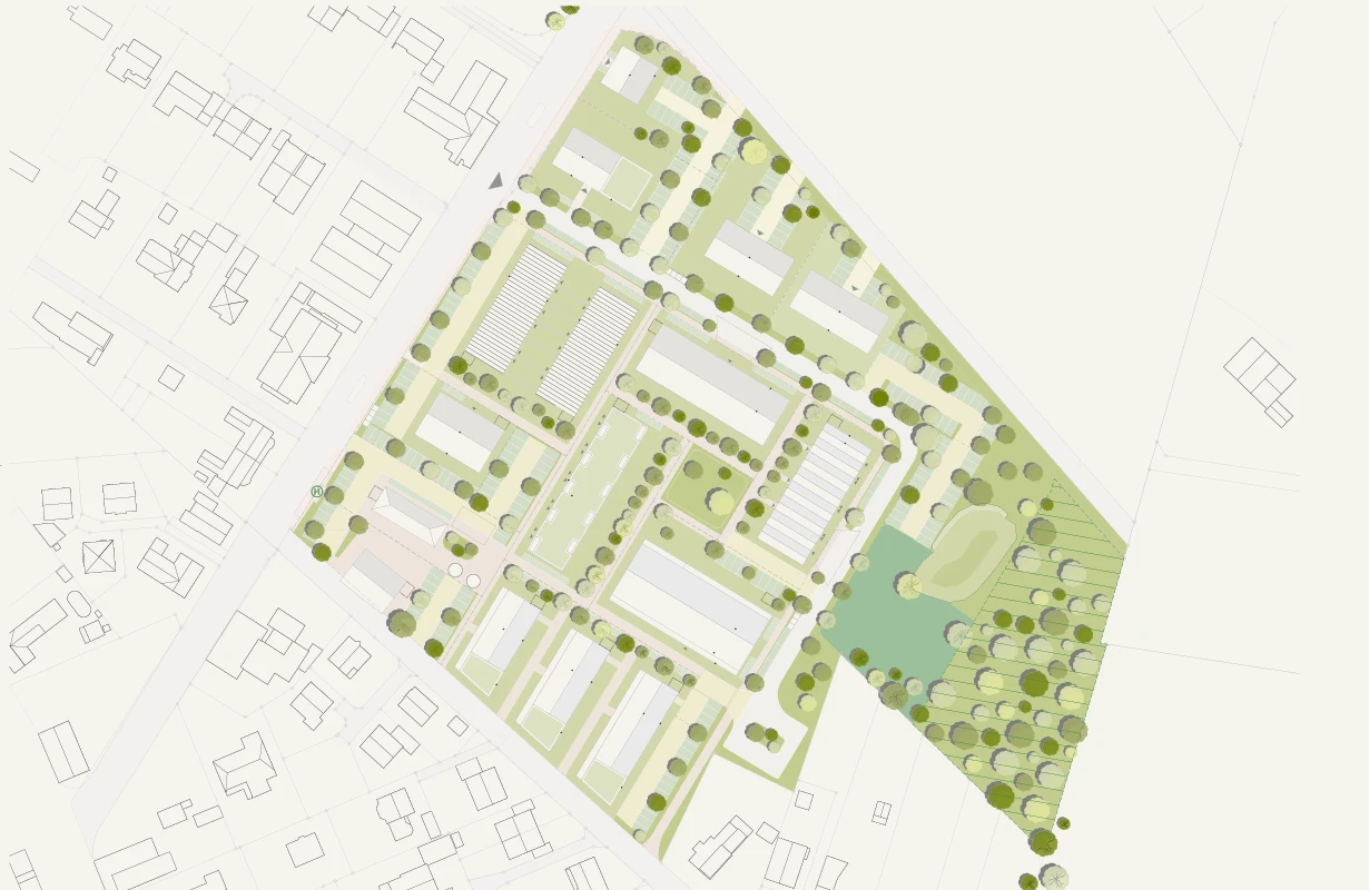 Isometrische Zeichnung eines Bauprojekts mit mehreren Gebäuden und markierten Strukturen in Rot
