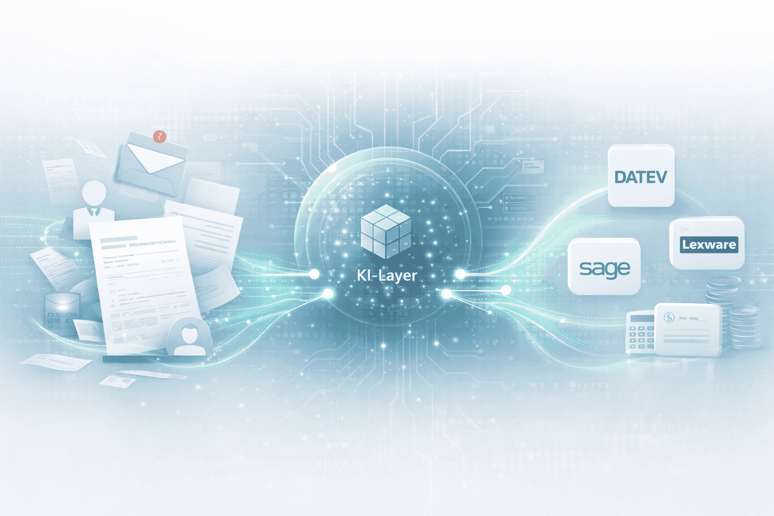 Illustration eines KI-Layers als Vermittlungsschicht zwischen Mitarbeitenden und Gehaltsabrechnungssystemen. Links sind E-Mails, Dokumente und Mitarbeiterdaten dargestellt, die über eine zentrale KI-Ebene verarbeitet und rechts strukturiert an Abrechnungssysteme wie DATEV, Sage und Lexware weitergeleitet werden.