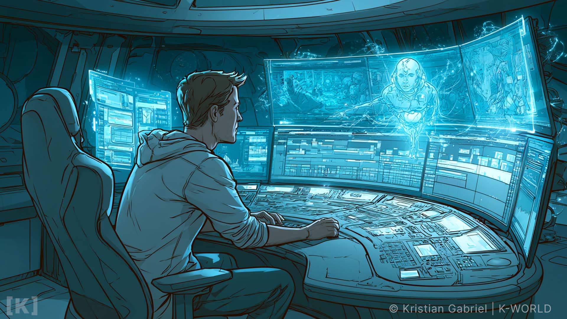 Cinematic view of a professional film editor working in a dark high-end suite with Avid Media Composer and Google Gemini AI integration, representing the 2026 AI revolution in post-production