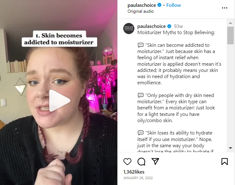 An Instagram post by Paulas Choice showcasing educational content