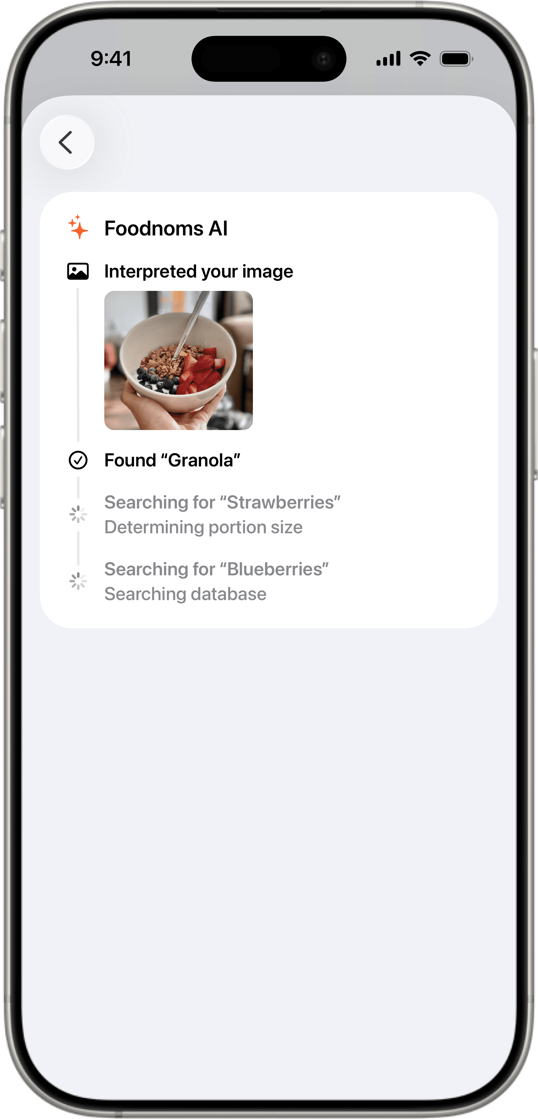 Foodnoms AI feature identifying foods from a photo to quickly log meals and track nutrition