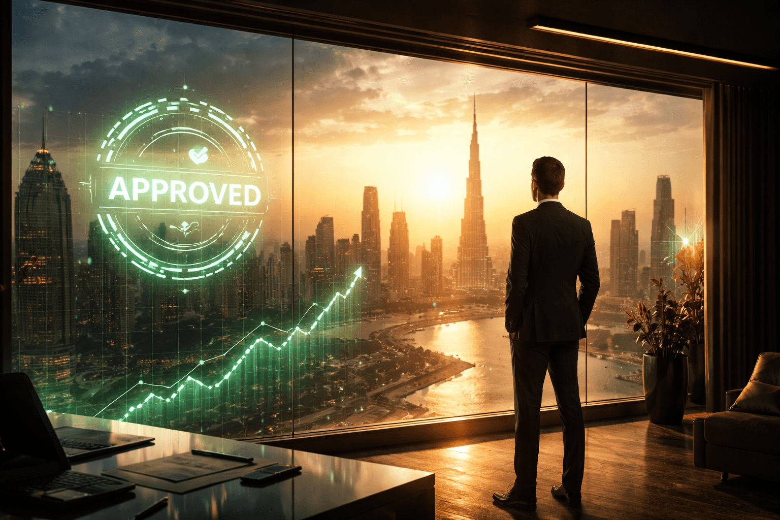 man looking out into dubai skyline with approved on the glass window
