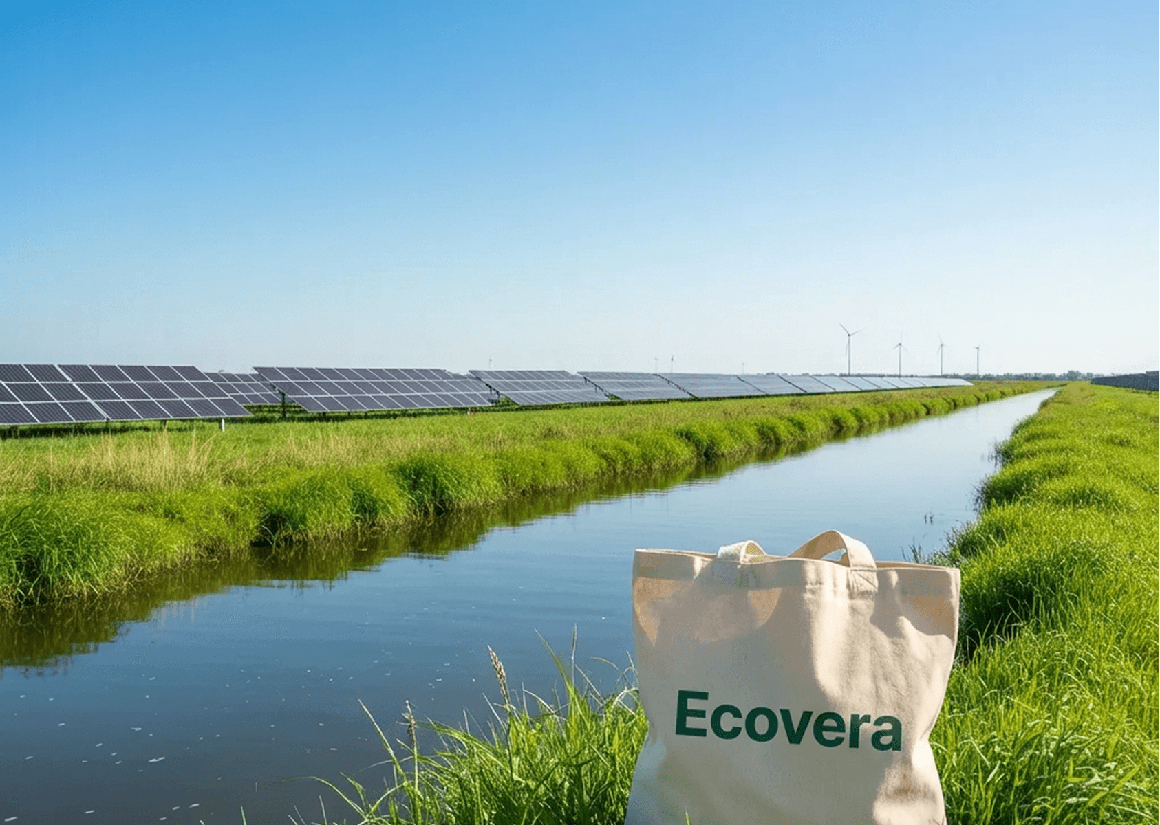 Ecovera reusable cup near solar farm and wind turbines.