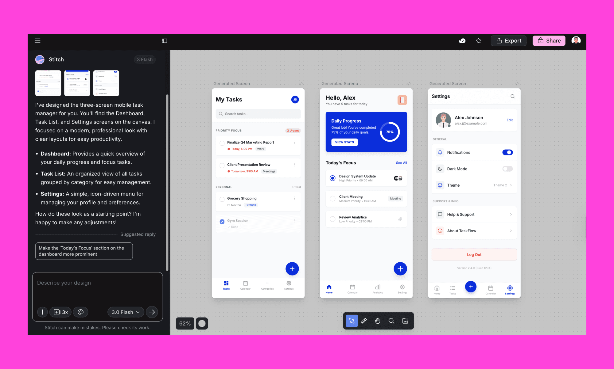Stitch workflow: designing app screens