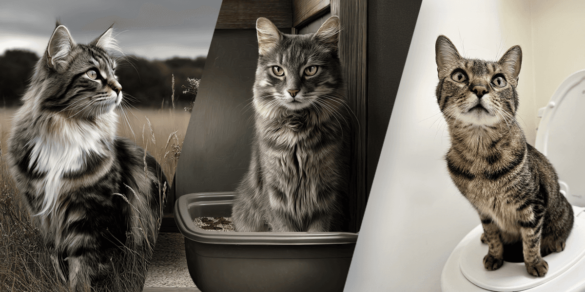 "Image of cats using The Cat Throne™ toilet training system, showcasing comfort, sustainability, and ease of use for pets."