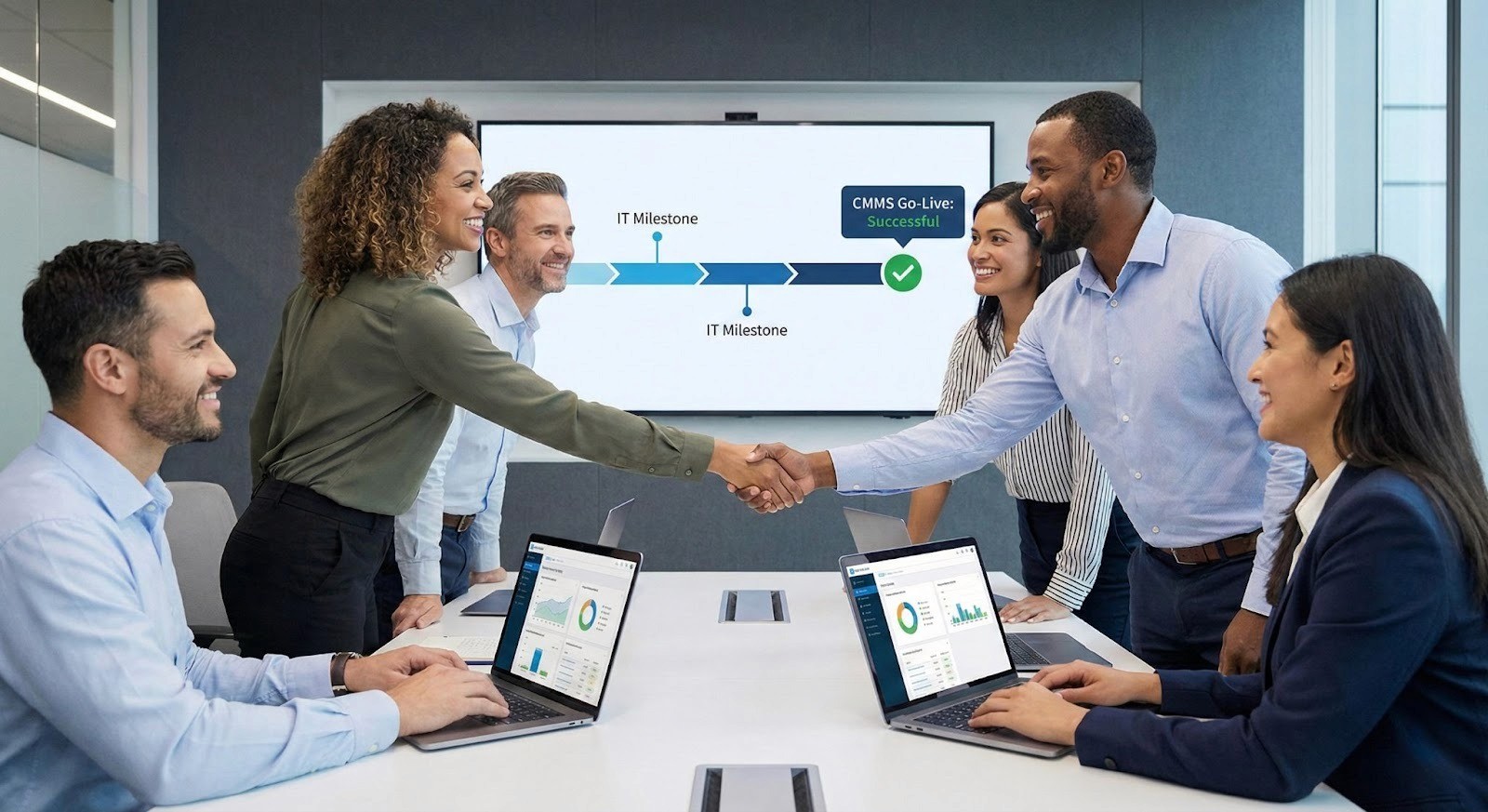 A diverse team of professionals smiles and shakes hands over a conference table, demonstrating successful collaboration with facility management software. A project timeline on the large screen behind them marks a successful IT milestone, and laptops on the table display data dashboards.