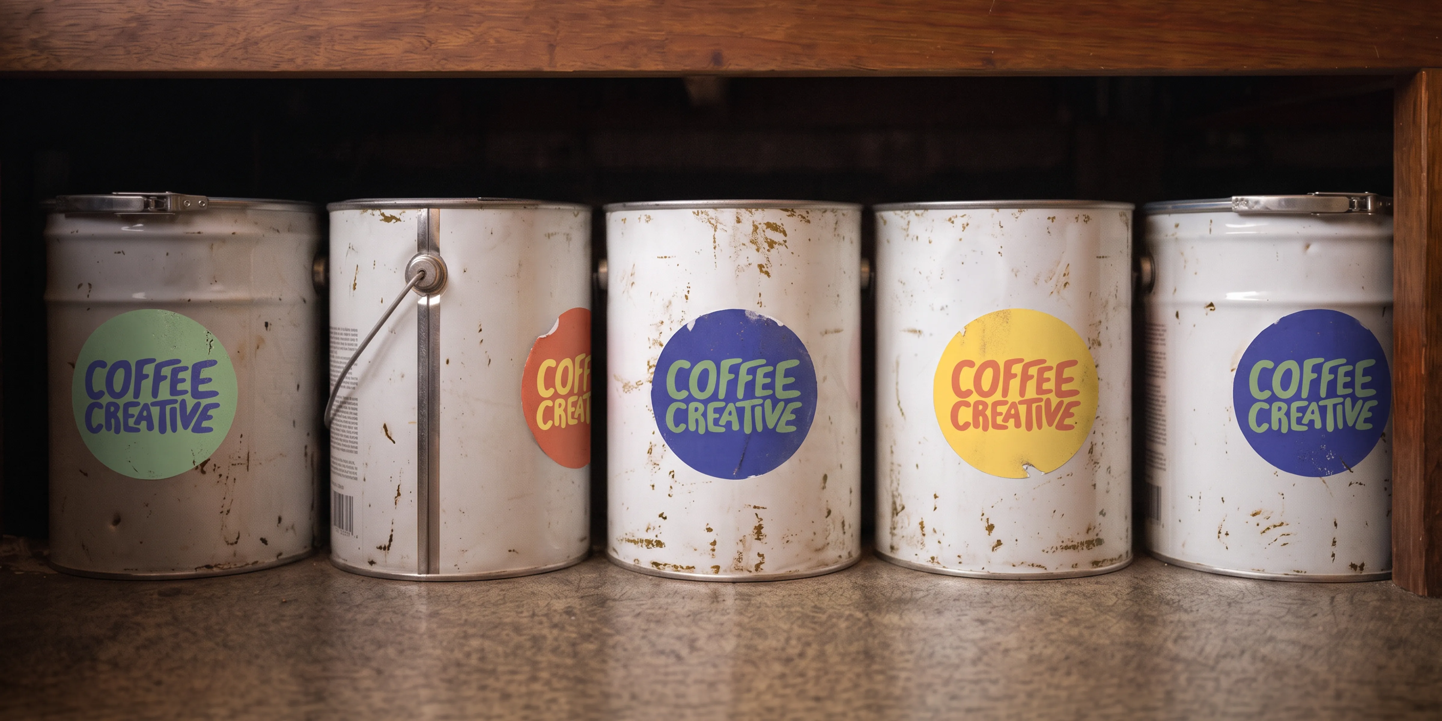 Coffee Creative logo stickers in green, blue, yellow and red on vintage tins