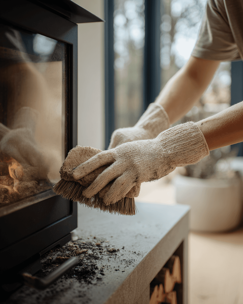 SilentAngels® Manager entfernt Asche und reinigt einen Kamin – SilentAngels® Kaminpflege für sichere, saubere und funktionsbereite Feuerstellen.