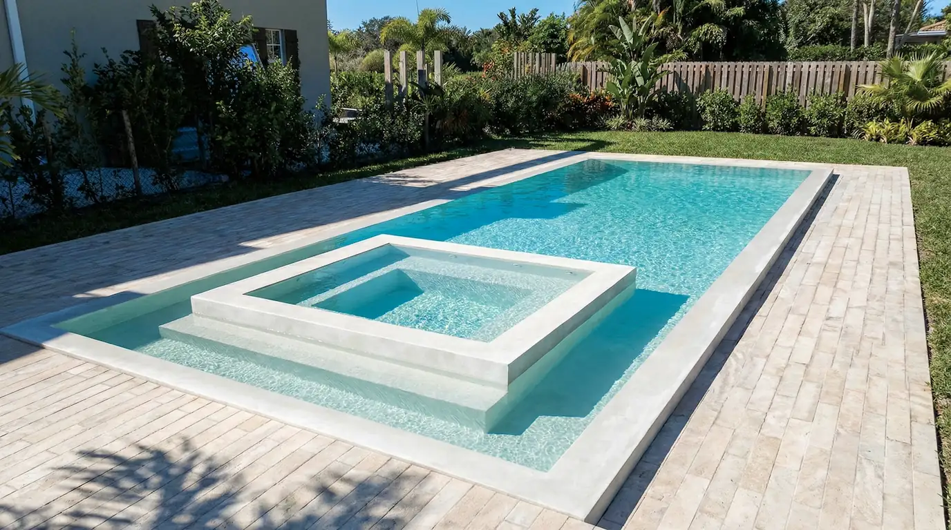 Pileta premium de diseño arquitectónico exclusivo con un jacuzzi cuadrado tipo isla en el centro, revestida íntegramente en Aquavations color arena.