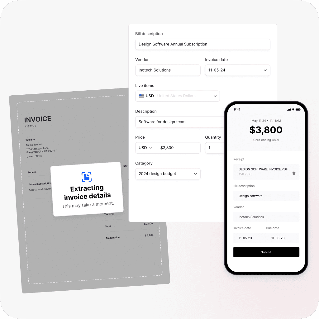 Invoice management interface with details extracted from a scanned invoice, displaying total amount due of $3,800 and categorized expense data on a mobile device.