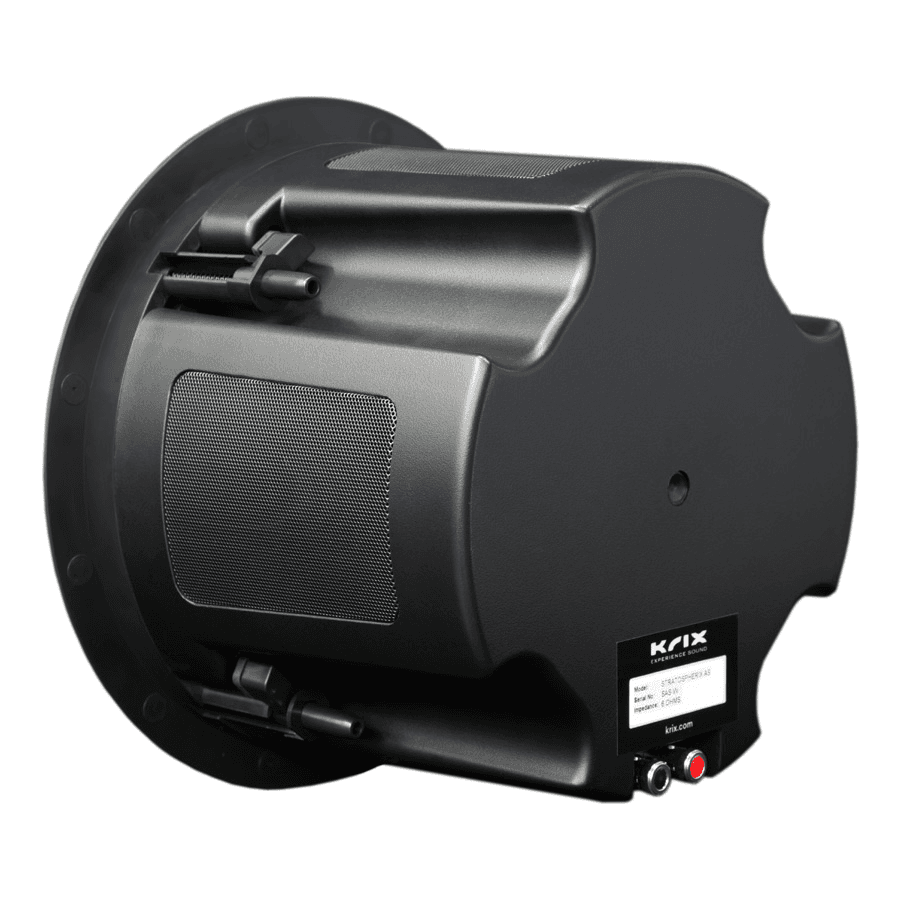Krix round ceiling speaker, rear view.
