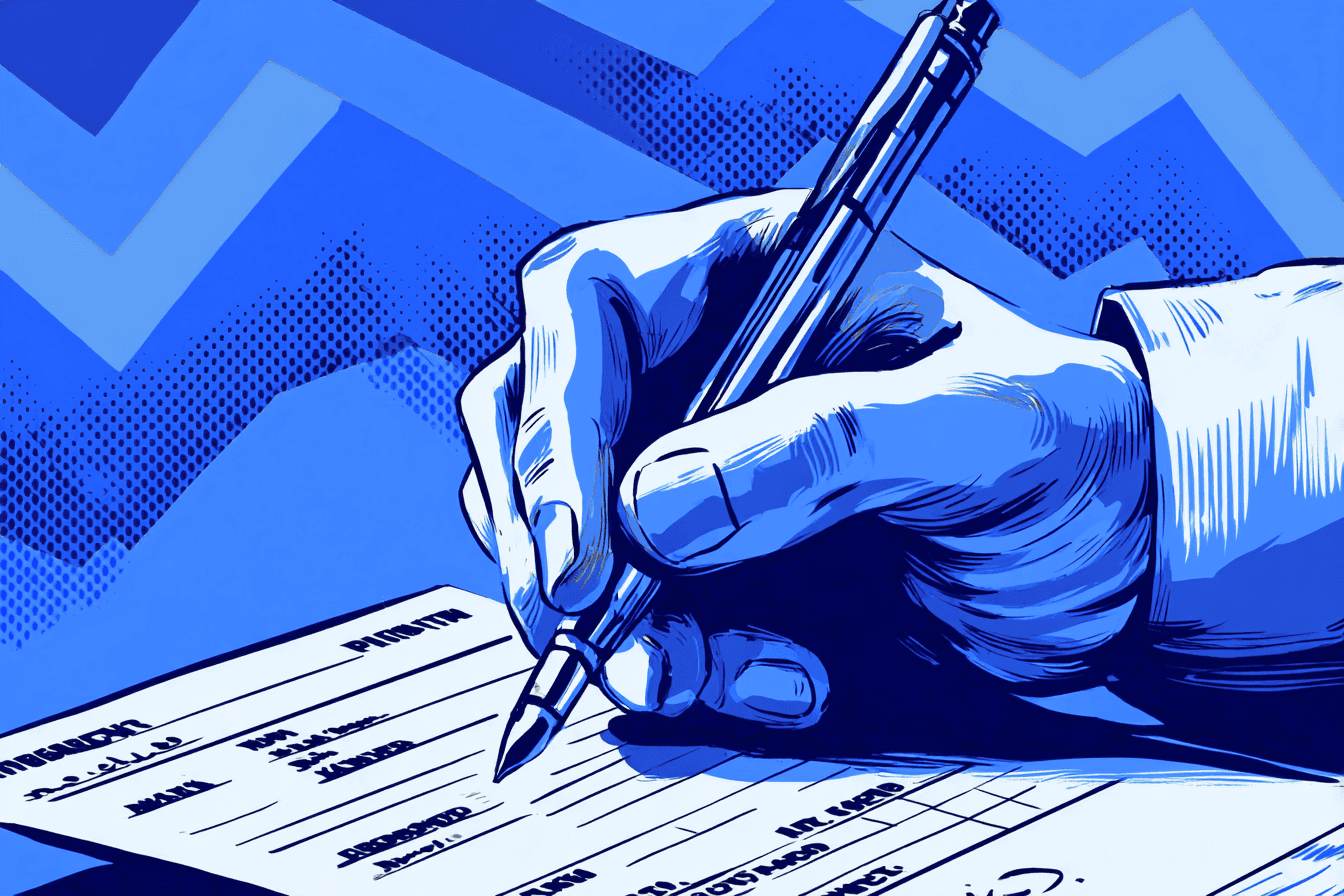 Close-up, blue pop-art editorial illustration of a hand signing a prescription form with a pen (representing a pharmacist). The background features a graph with a line trending sharply downward.