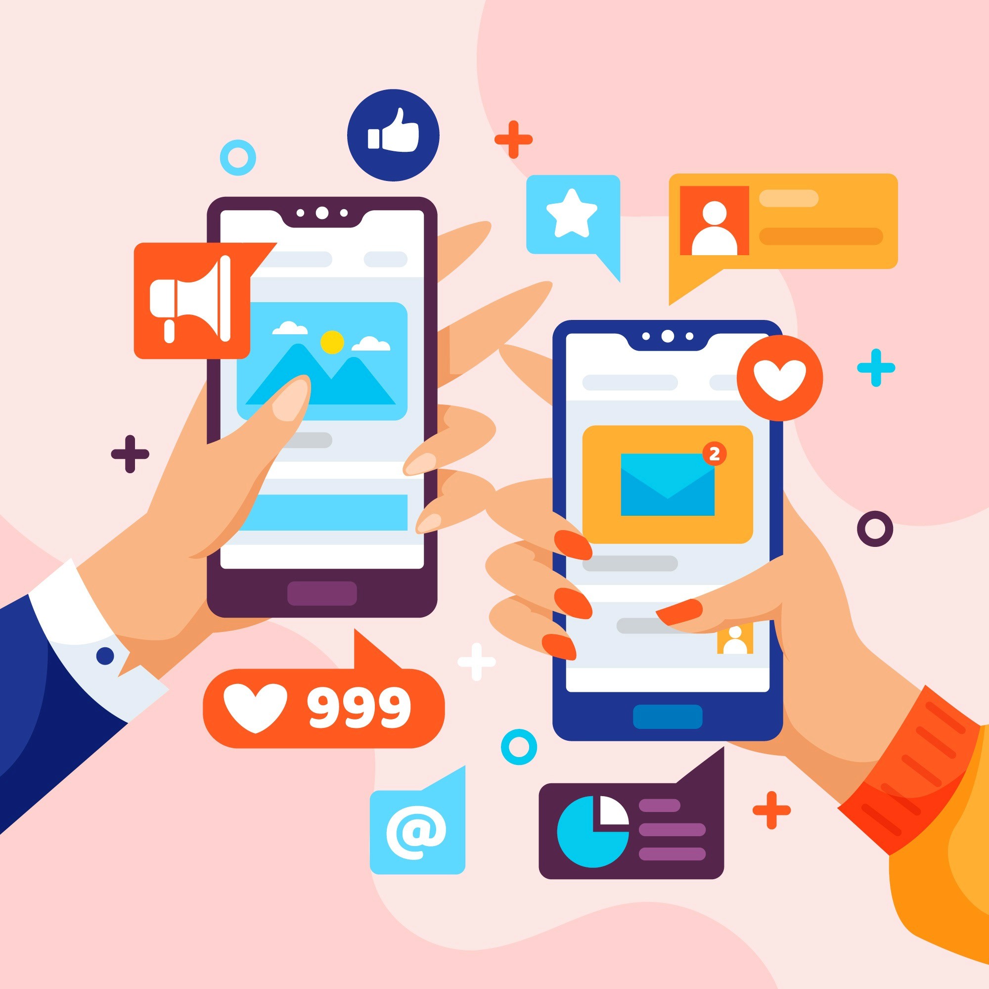 Illustration of two smartphones exchanging social media engagement with likes, messages, and notifications