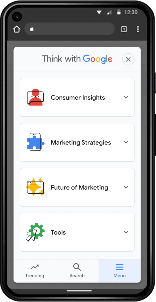 Mobile screen display of the Think with Google home page